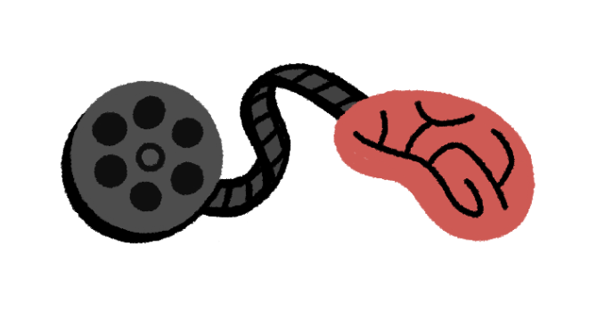 A graphic illustration of a film entering a brain, representing film's power to educate.