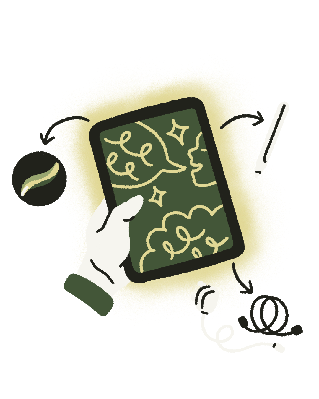 Illustration of what a live illustrator takes to events: an iPad, stylus, charger and drawing software.