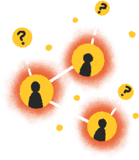Illustration showing connections between children within a community, with question marks representing those who aren't known and can't receive support