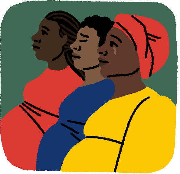 Three mothers stand side-by-side, visibly emotionally affected as they learn about the impacts of lifelong disease.