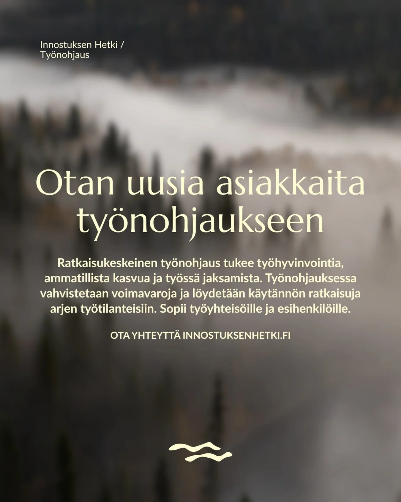 Otan uusia asiakkaita ty&ouml;nohjaukseen ✨

Ratkaisukeskeinen ty&ouml;nohjaus tukee ty&ouml;hyvinvointia, ammatillista kasvua ja ty&ouml;ss&auml; jaksamista. Ty&ouml;nohjauksen avulla selkeytet&auml;&auml;n ty&ouml;tilanteita, vahvistetaan voimavaro