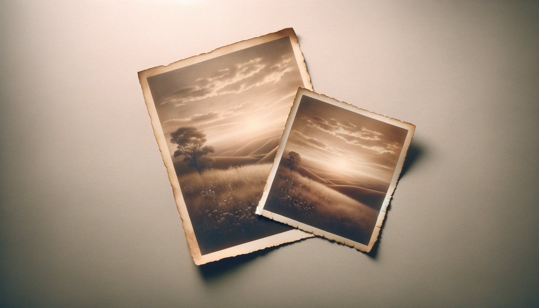 Two vintage sepia-toned photographs of a landscape with rolling hills, a tree, and a cloudy sky, placed on a plain surface.