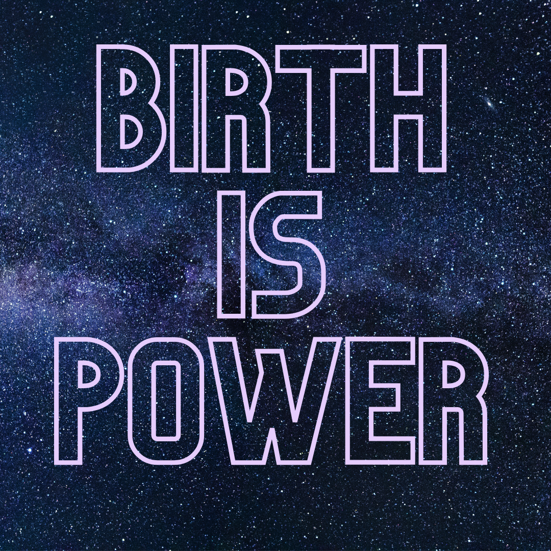A starry night sky with a neon outline text saying 'Birth is Power'.
