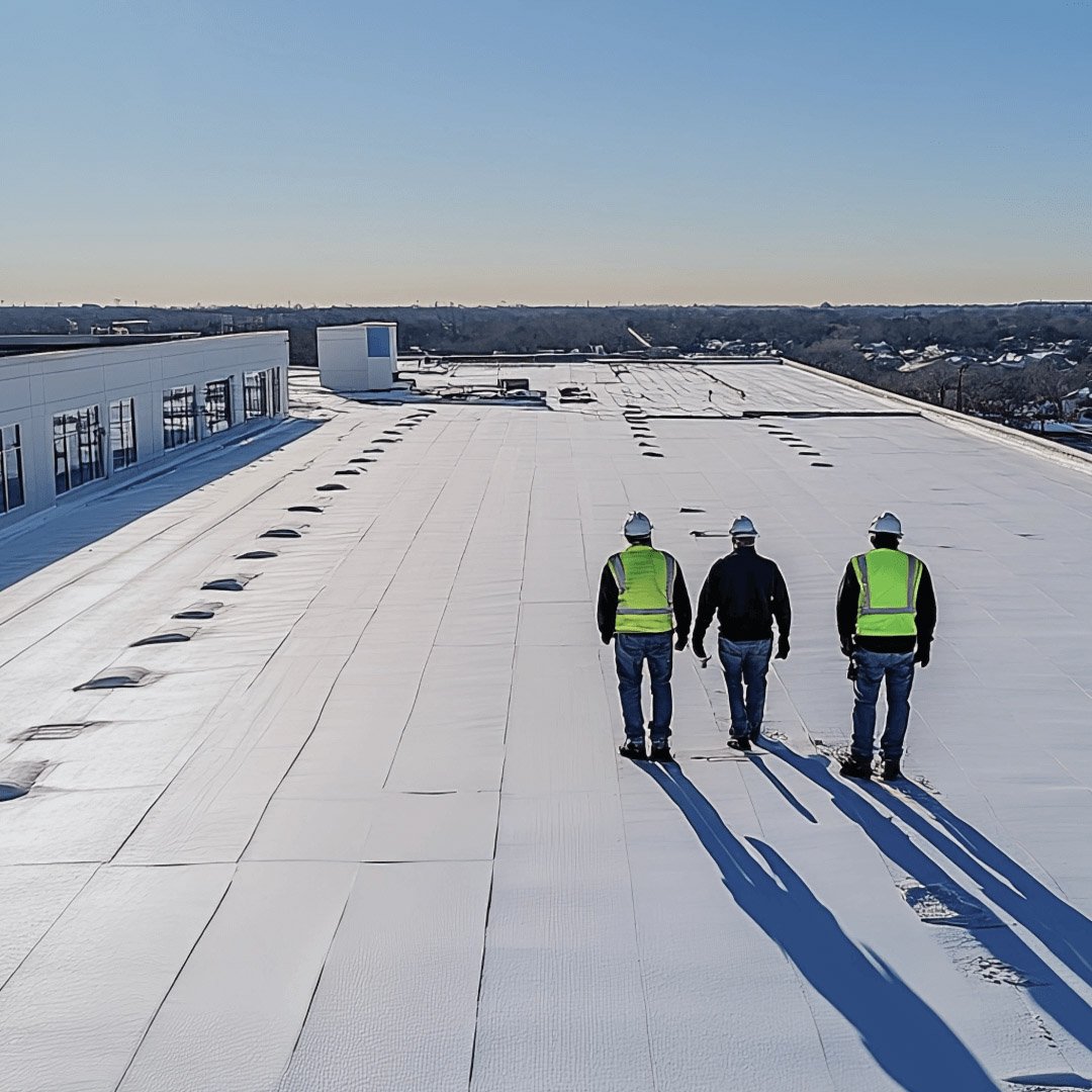 Professionals in high vis workwear assessing commercial roof space