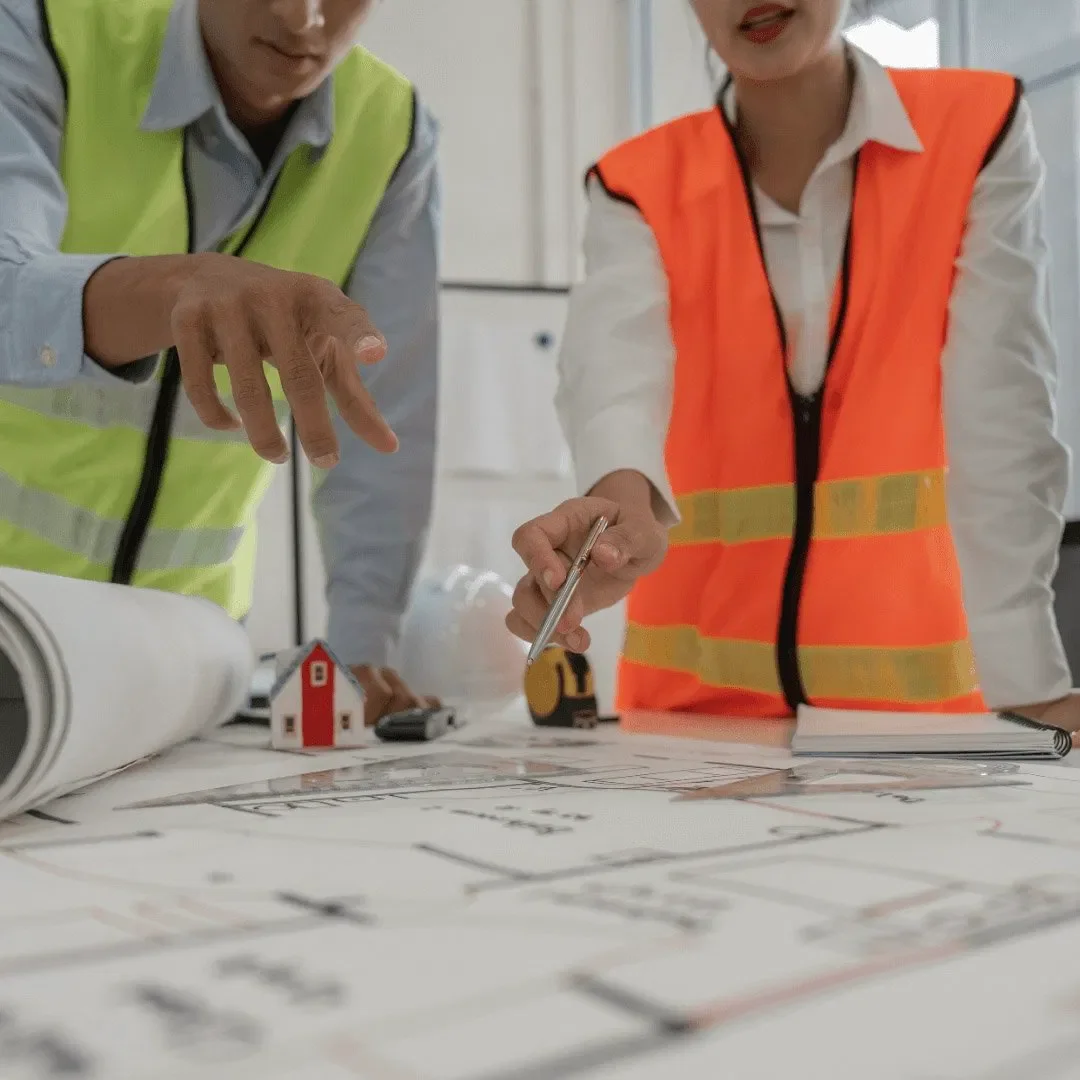 Two consultants reviewing architectural blueprints to ensure early Part L compliance