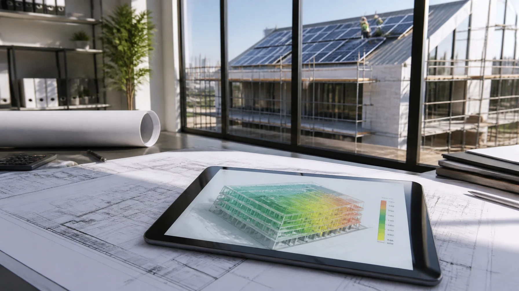 Professional architectural blueprint and energy performance model representing early building compliance strategy