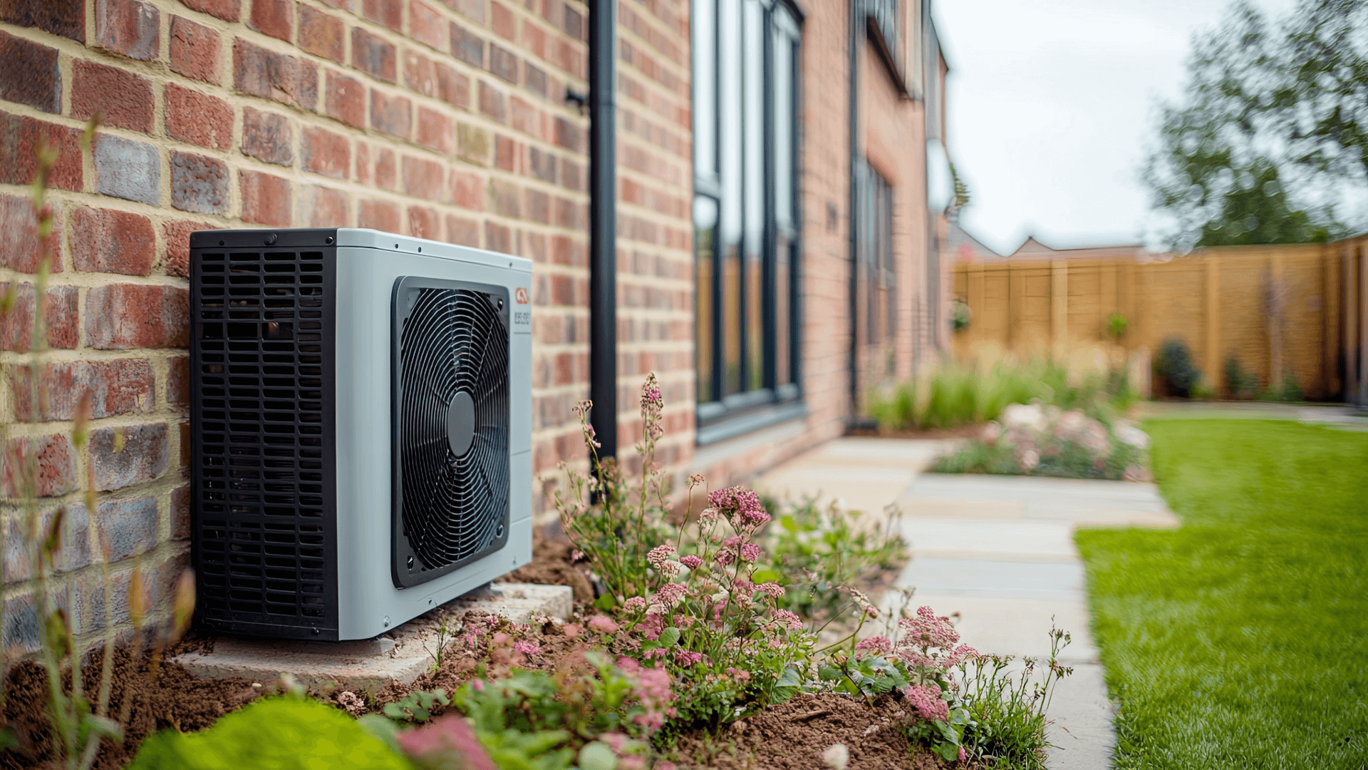 An outdoor air conditioning unit installed next to a brick house, with a garden and a stone pathway leading to a wooden fence in the background.