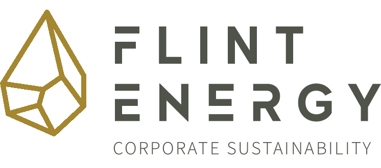 Logo for Flint Energy with a gold geometric flame icon and black text reading 'Flint Energy' and smaller text below saying 'Corporate Sustainability'.