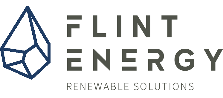 Logo of Flint Energy with a geometric blue crystal icon and the text 'Flint Energy' and 'Renewable Solutions'