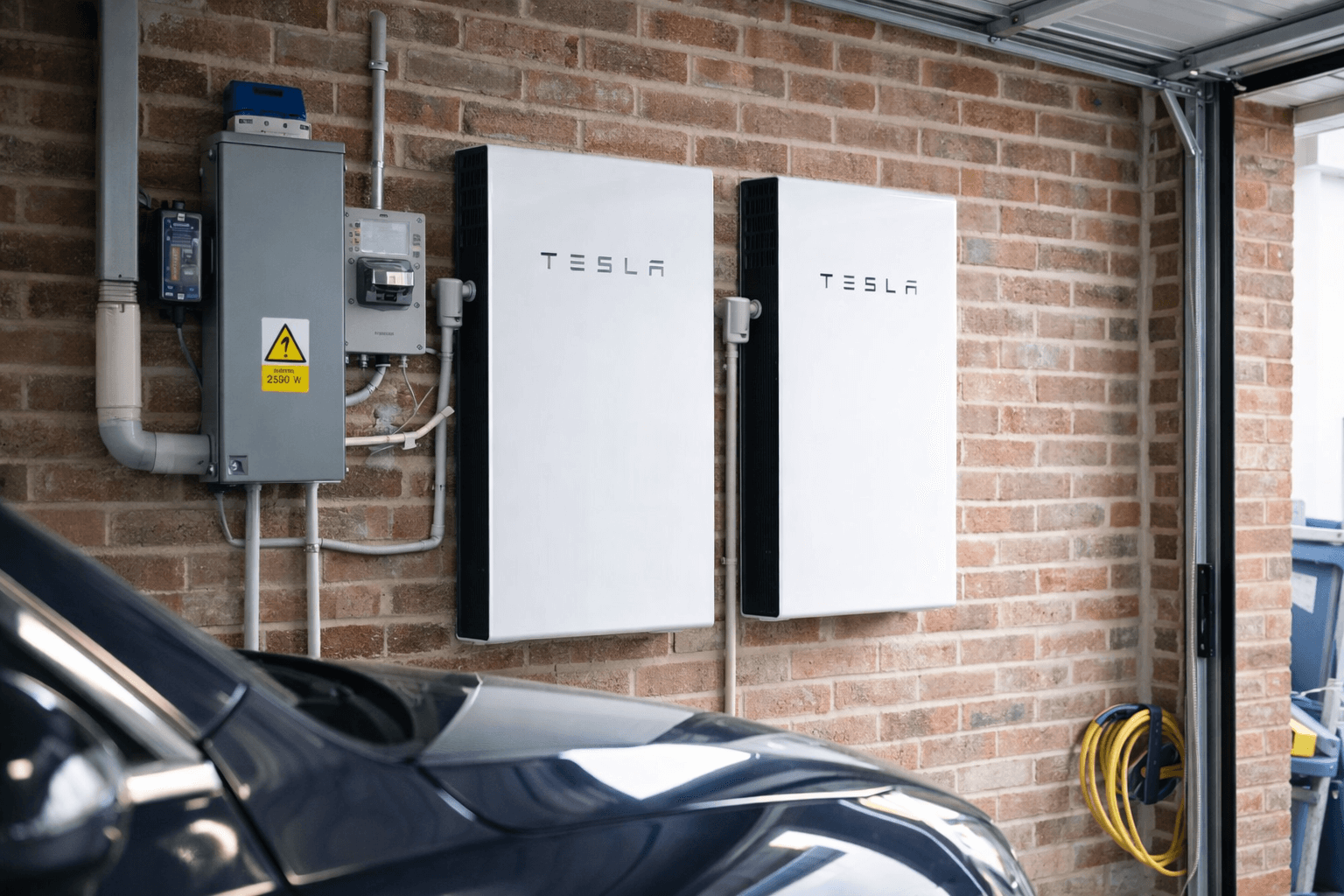 Tesla battery storage installed on a garage wall