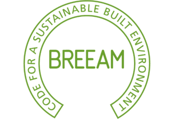 Circular BREEAM logo with the text 'CODE FOR A SUSTAINABLE BUILT ENVIRONMENT' surrounding the word 'BREEAM' in the center, all in green.