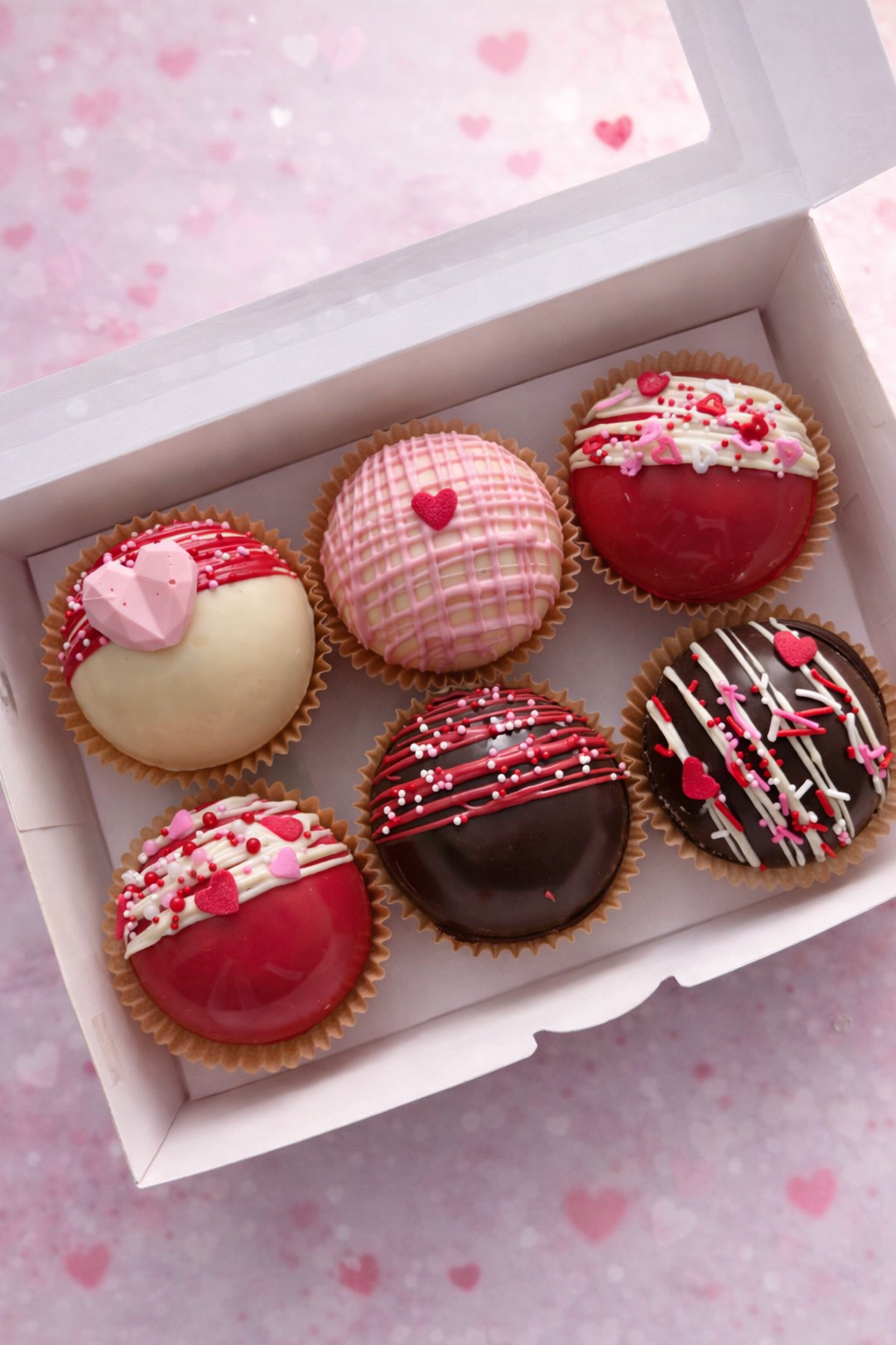 A white box containing seven decorated cupcakes with pink, white, black, and red icing and heart-shaped sprinkles, on a pink heart-patterned background.