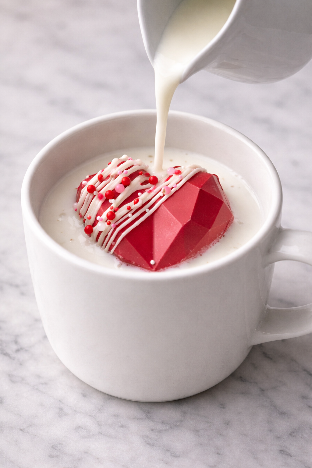 A white mug of milk with a large red, faceted, heart-shaped chocolate topped with white icing and red and pink sprinkles, with milk being poured into the mug.