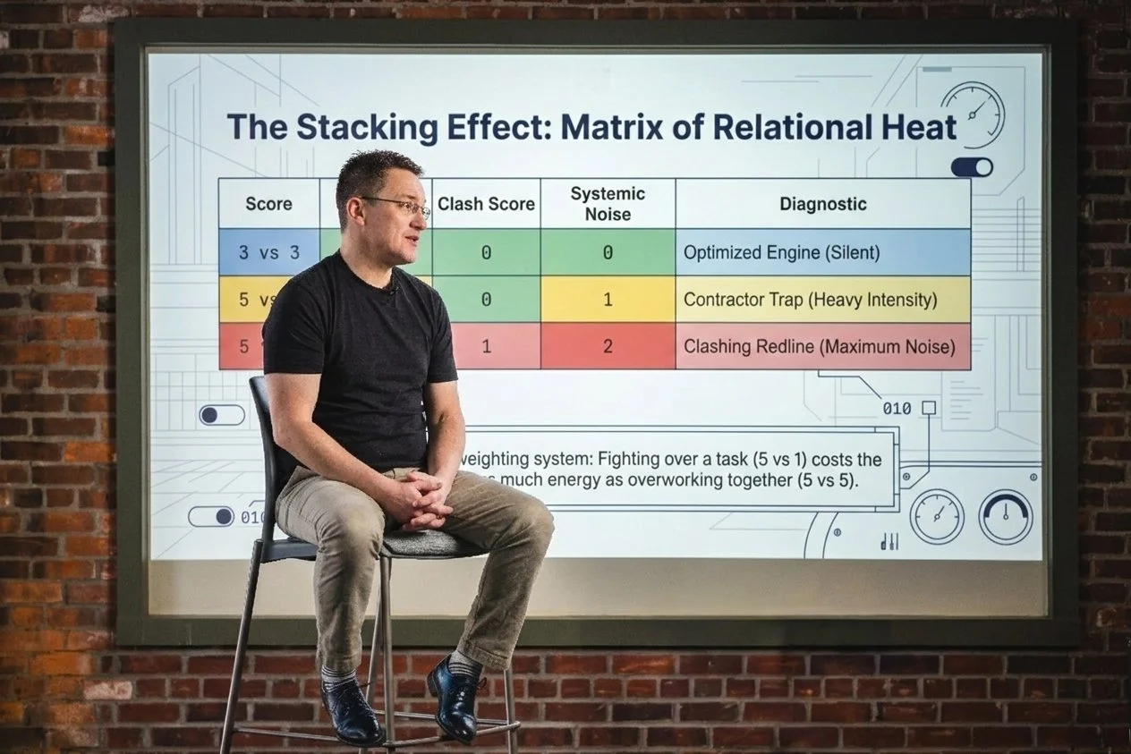 A man sitting on a chair in front of a digital presentation slide titled 'The Stacking Effect: Matrix of Relational Heat'. The slide displays a table comparing scores, clash scores, systemic noise, and diagnostics related to engine optimization, contractor traps, and redlining, with a brick wall background.