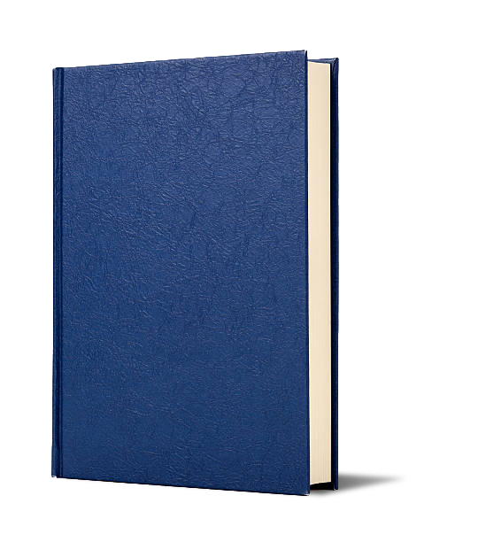 Blue hardcover book standing upright with partially open cover, showing white pages inside.