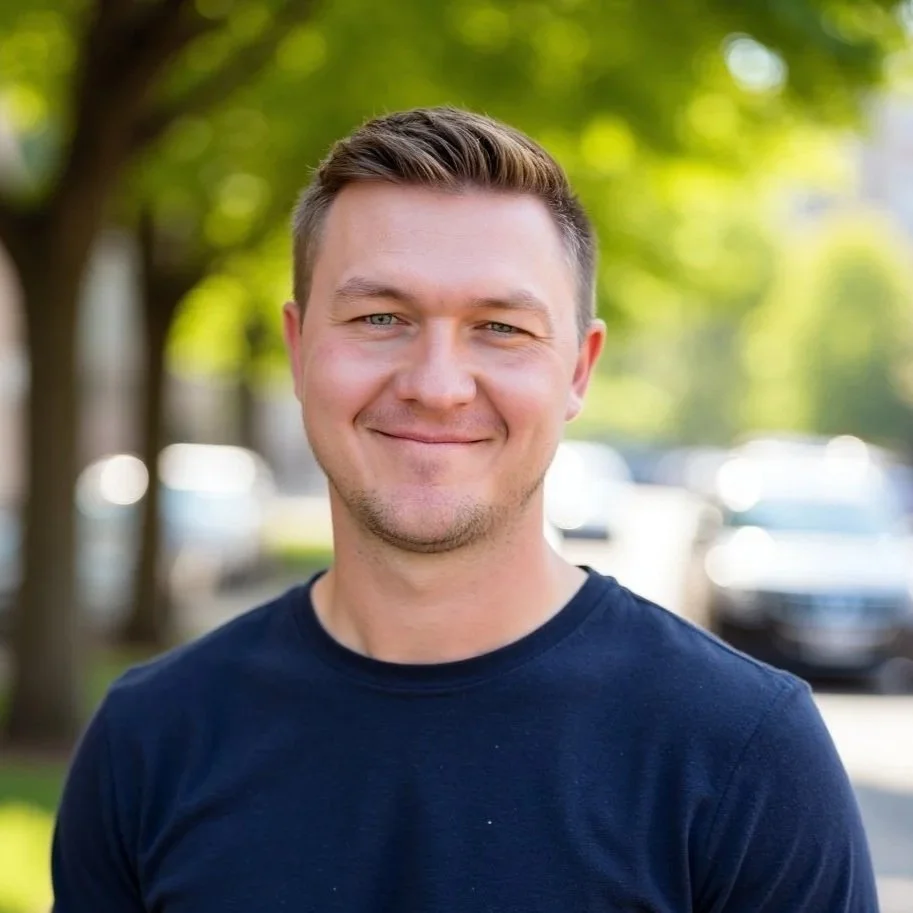 Smiling young man with short brown hair and a trimmed beard, wearing a navy blue t-shirt, standing outdoors with a blurred background of trees and parked cars.