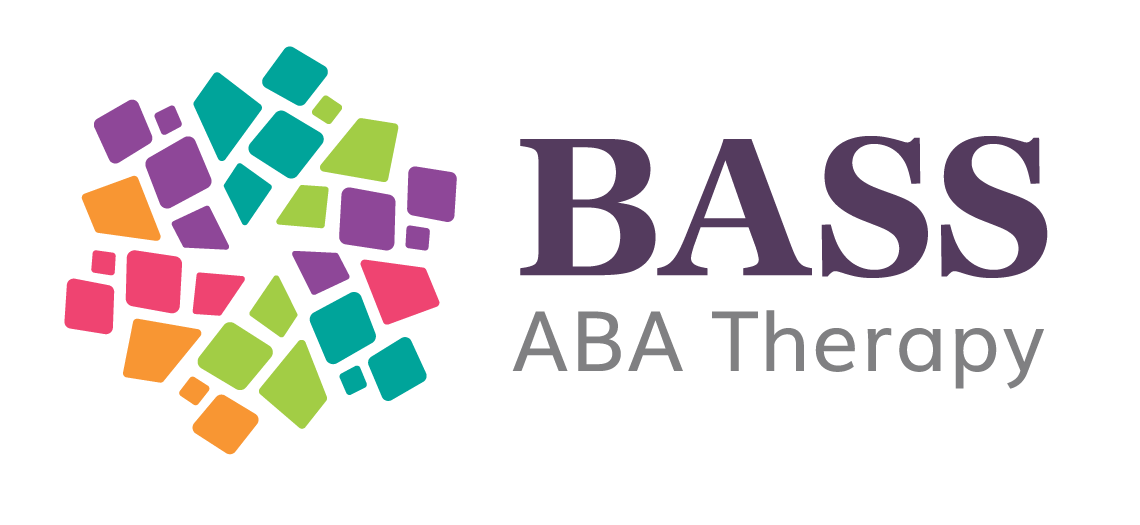 Logo for BASS ABA Therapy featuring a colorful mosaic of squares and rectangles with the text 'BASS' in large purple and 'ABA Therapy' in smaller grey letters.