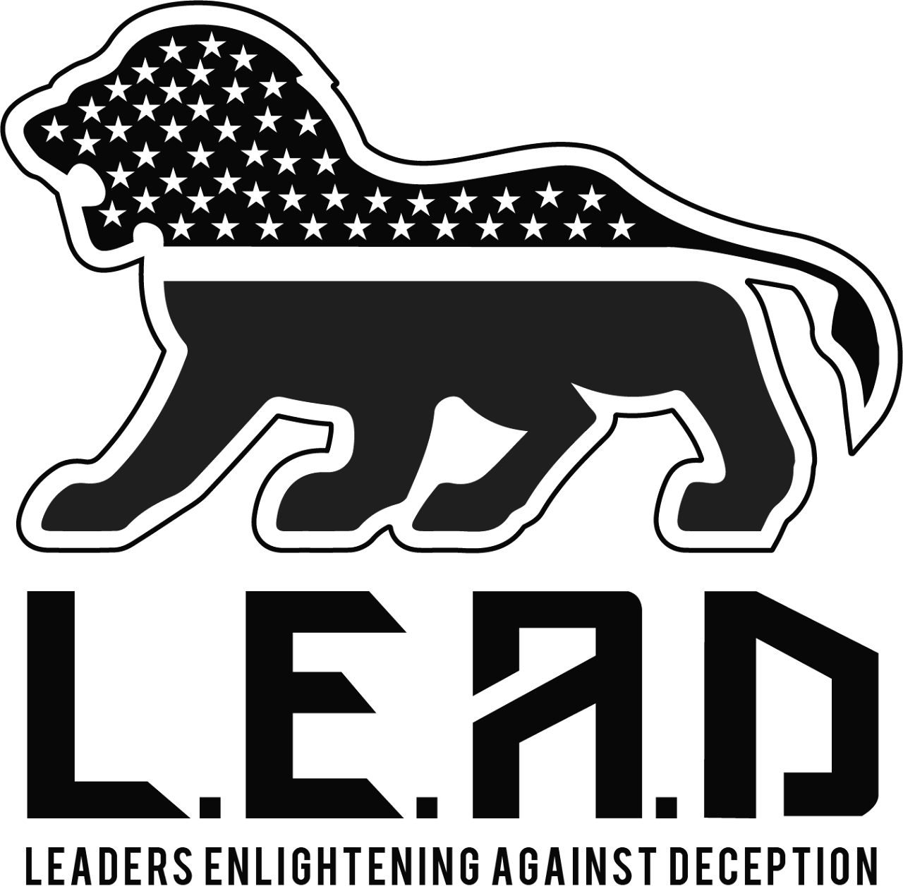 Black and white logo of a lion with a starry mane, with the bold text 'L.E.A.D.' and the subtitle 'Leaders Enlightening Against Deception'.