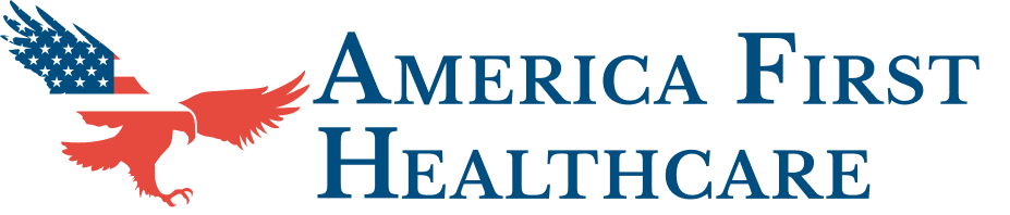 Graphic with an eagle logo featuring stars and stripes, and the text "America First Healthcare" in blue