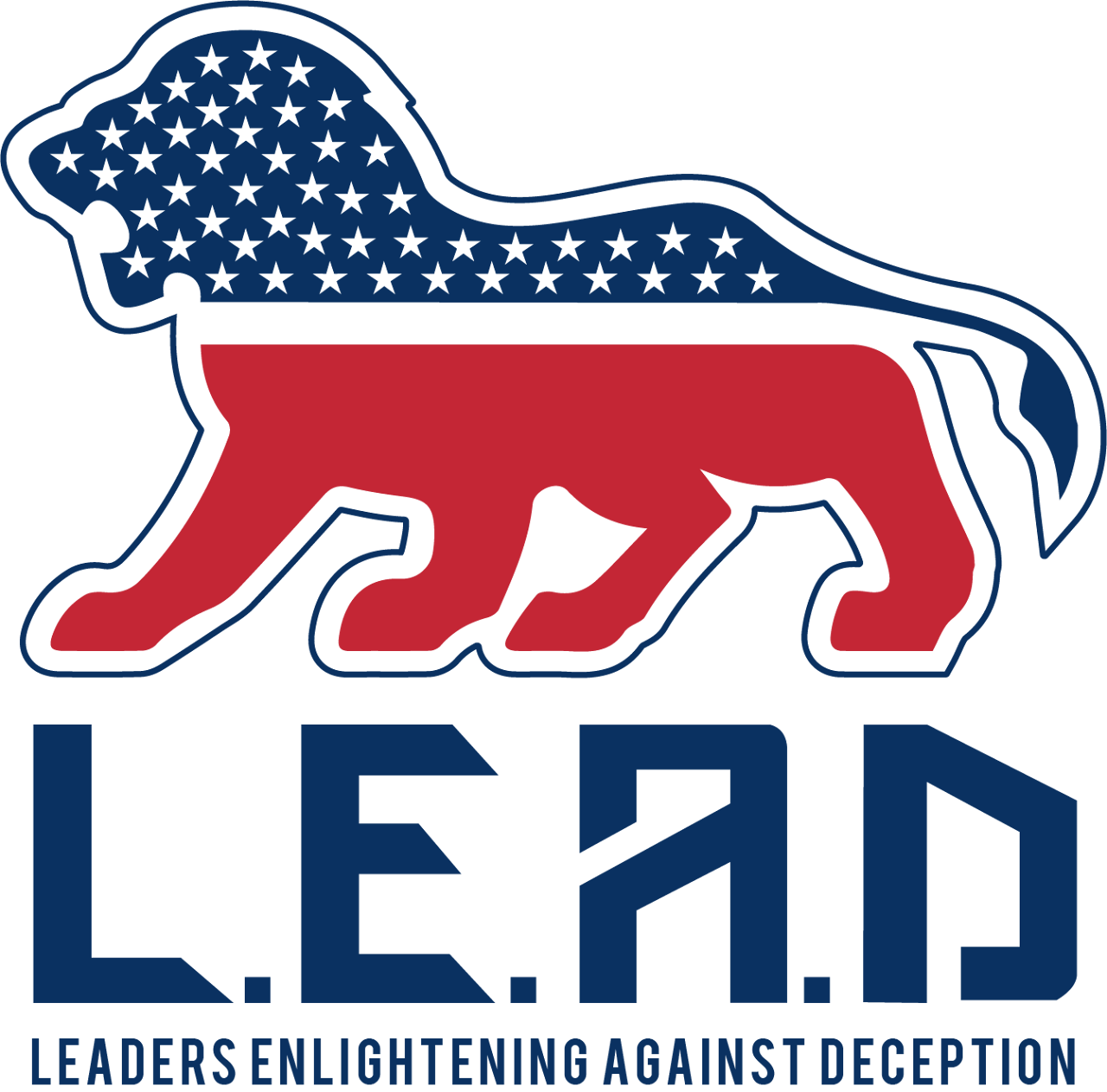 A logo featuring a lion with the American flag pattern inside, with the phrase "L.E.A.D" and the subtitle "Leaders Enligtening Against Deception" underneath.