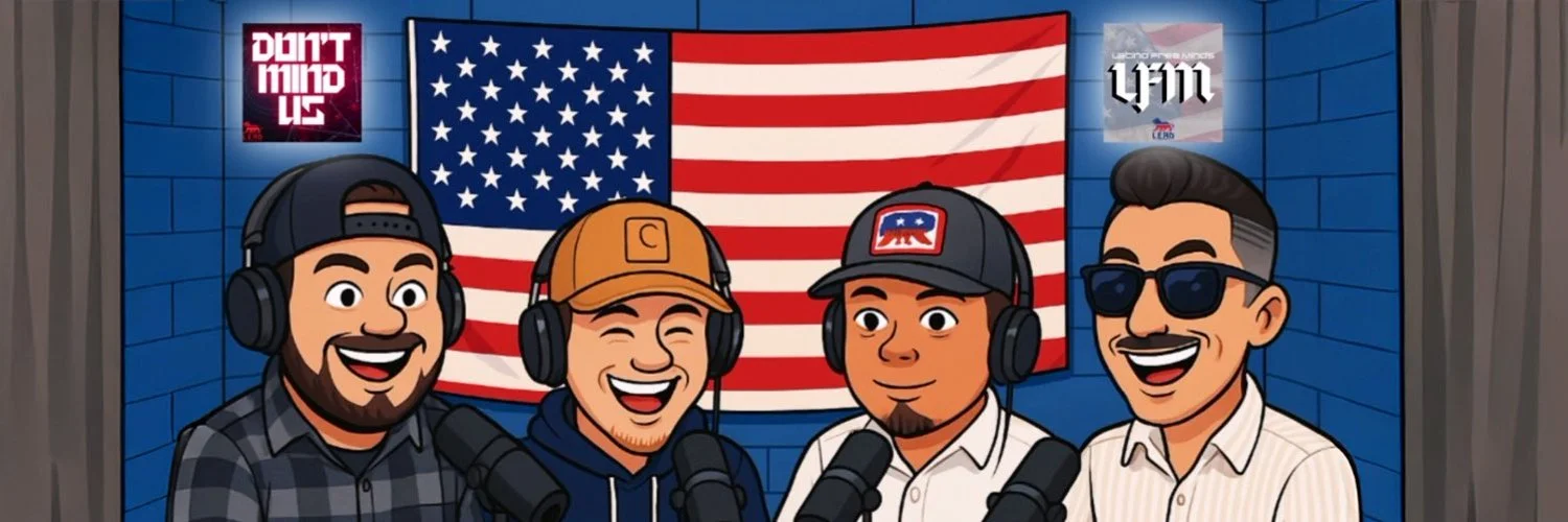 Animation illustration of four men with microphones podcasting in a studio. There are American flags and posters that say 'DON'T MIND US' and 'LFM' on the blue-brick wall behind them.