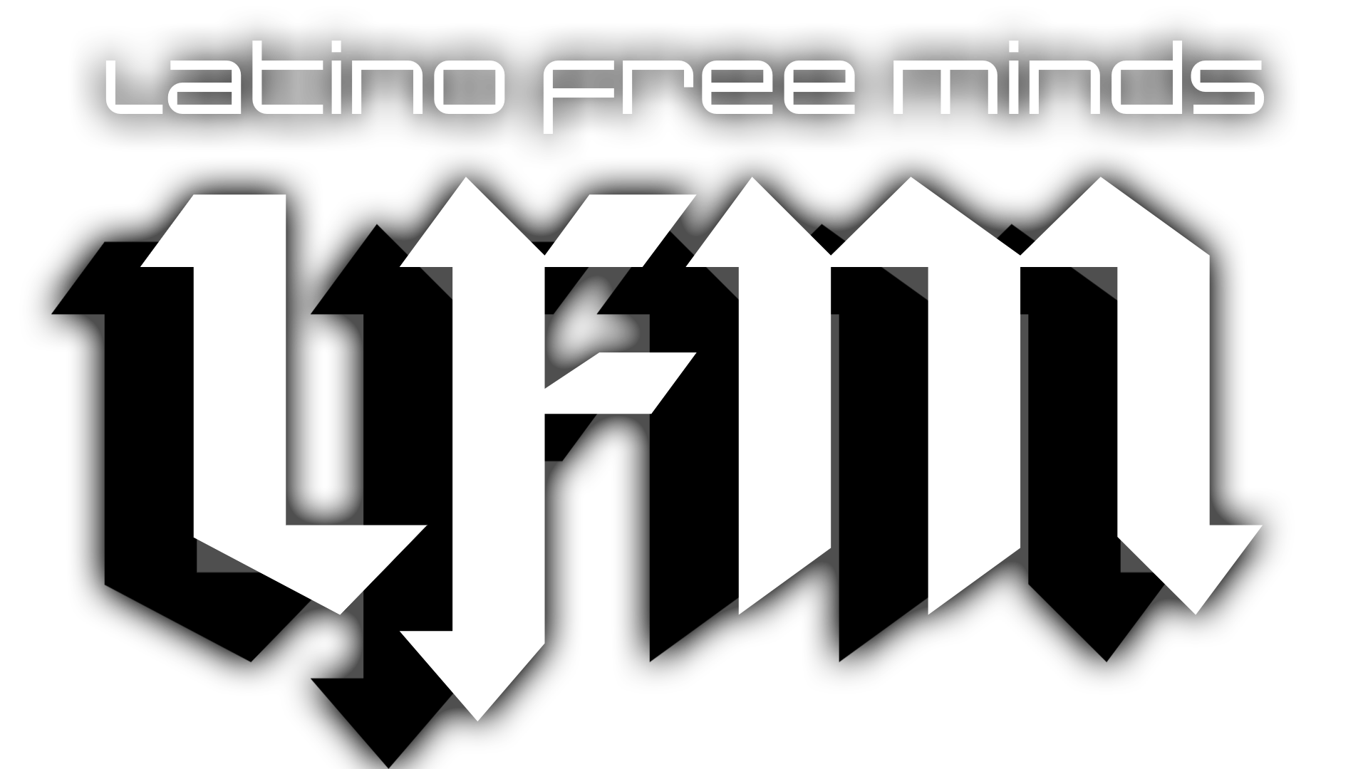 Black background with white text reading 'Latino free minds' at the top, and a large white arrow pointing downwards in the center.