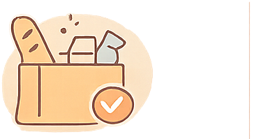 Une boîte en carton contenant un pain baguette, un verre, et une bouteille, avec une coche verte indiquant la sélection ou la validation.