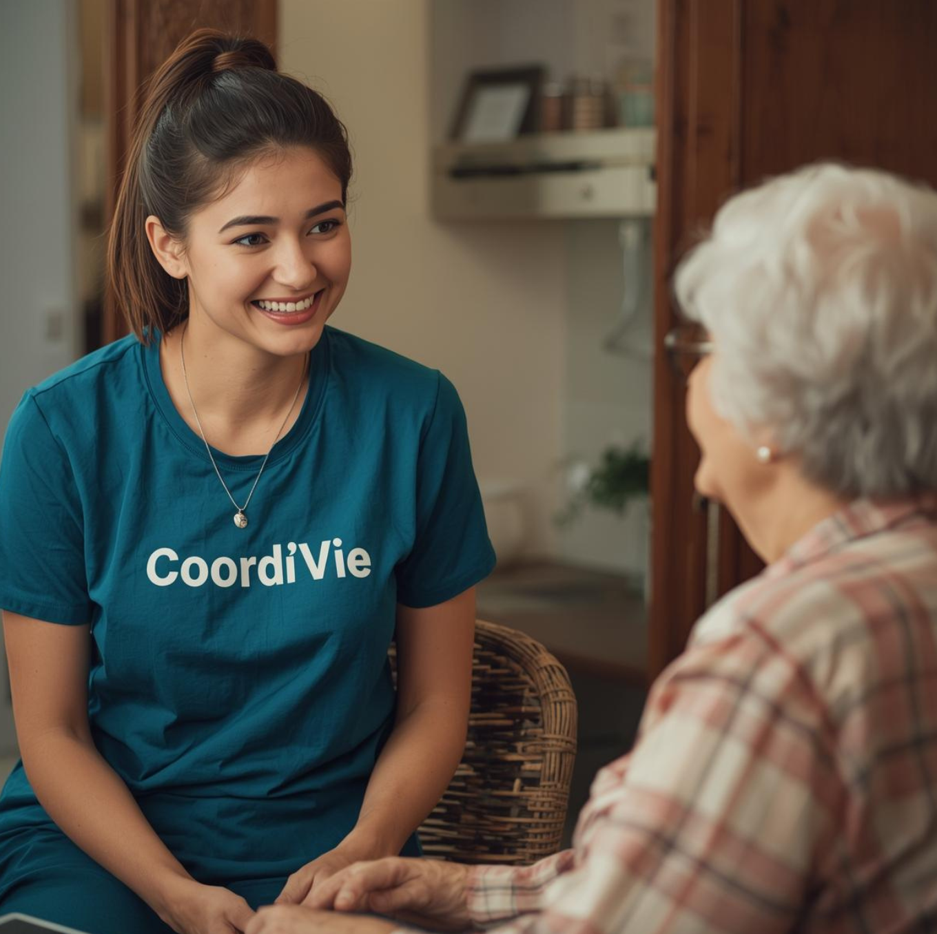 Une jeune femme souriante portant un T-shirt bleu avec le logo 'CoordiVie', discutant avec une femme âgée à qui elle tient la main dans un intérieur chaleureux.