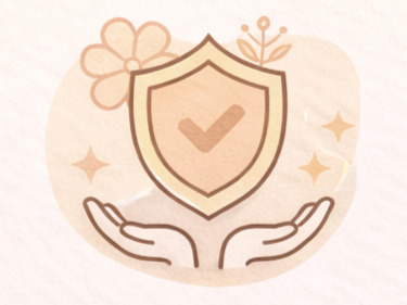 Bouclier avec un check, entouré de mains ouvertes et d'étoiles, symbolisant la sécurité ou la protection.