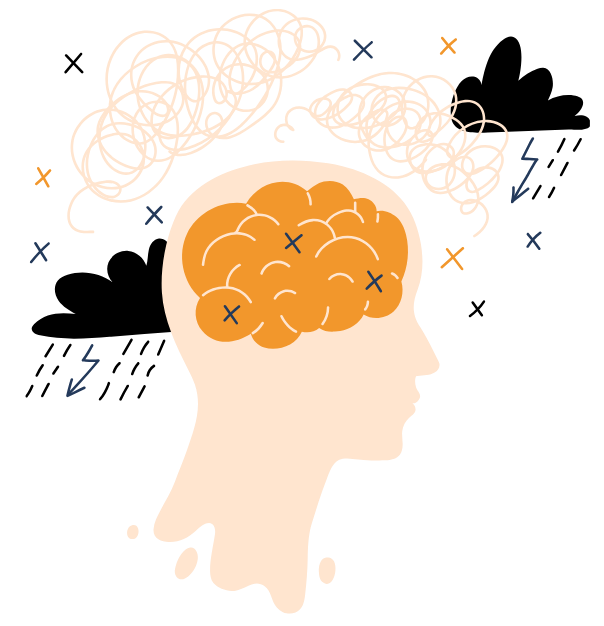 Illustration d'une tête humaine avec un cerveau orange au centre, entourée  symbolisent la confusion ou la surcharge mentale.
