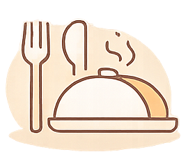 Assiette avec un plat chaud, couvert, assiette plate, fourchette et cuillère à gauche, assiette à dessert ou à entrée derrière, fond clair.