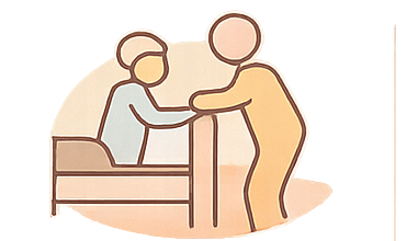 Une personne âgée assise dans un lit, aidée par une autre personne qui se tient à côté d'elle.