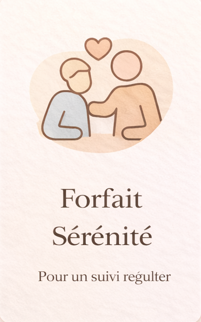 Icône de deux personnes se tenant la main avec un cœur au-dessus, accompagnée du texte 'Forfait Sérénité' et 'Pour un suivi régulier'.