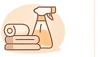 Une bouteille de liquide nettoyant, une éponge, et deux rouleaux d'essuie-tout.