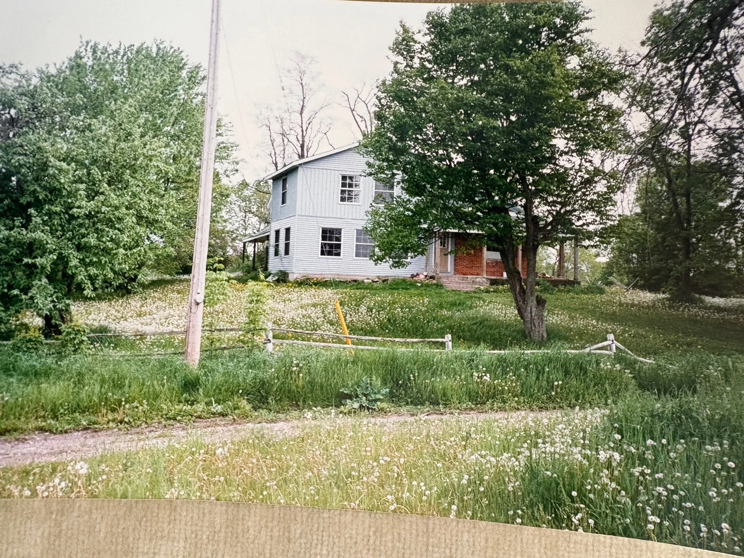 A two-story white house with a front porch, surrounded by green trees and grass, with wildflowers in the yard.