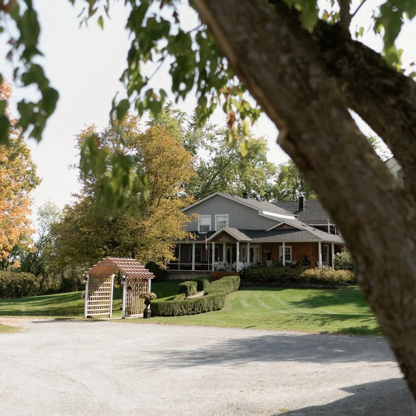 A house with a front porch surrounded by a well-maintained lawn and trees, viewed through the branches of a large tree in the foreground.