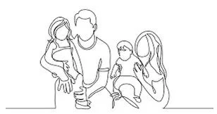 Line drawing of a family with two adults and two children sitting together.