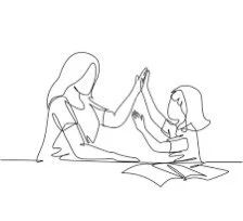 An adult and a child giving each other a high five over a table with open books.