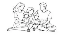 A family of five sitting on the floor, with two adults and three children, all facing forward.