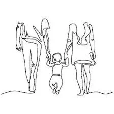 Line drawing of two adults holding hands with a child between them.