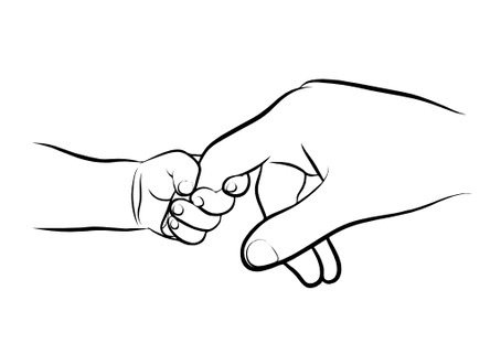 A line drawing of an adult hand holding a child's hand.