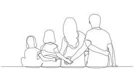 Line drawing of four people around a table, with one person holding a book or paper.