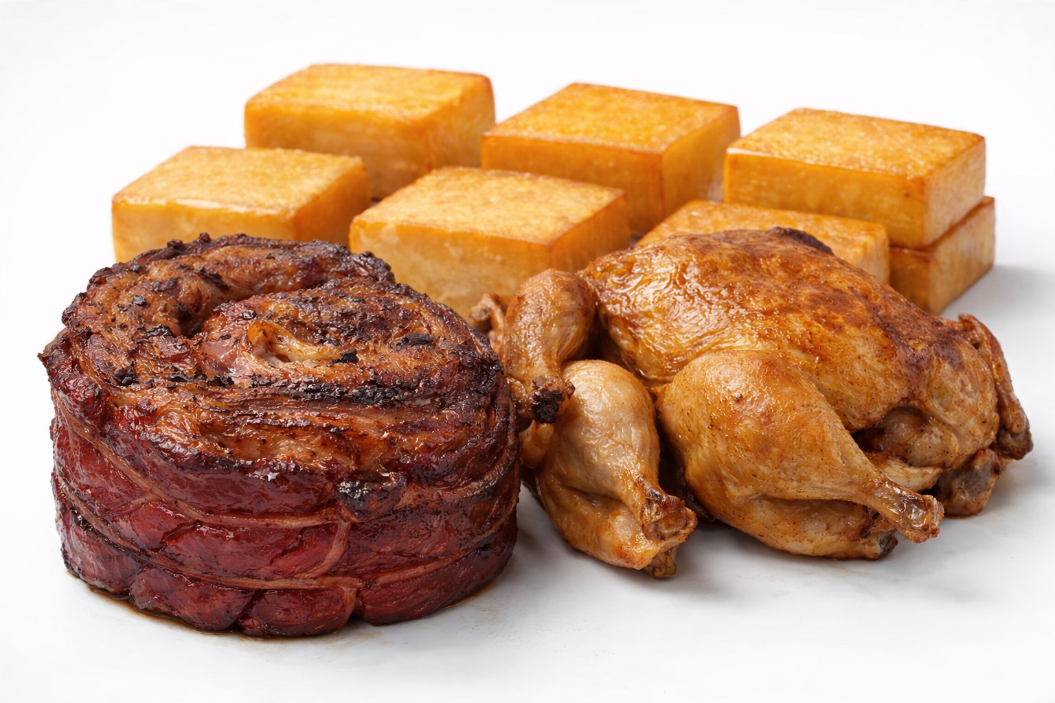 Beef, chicken, cheese, seafood