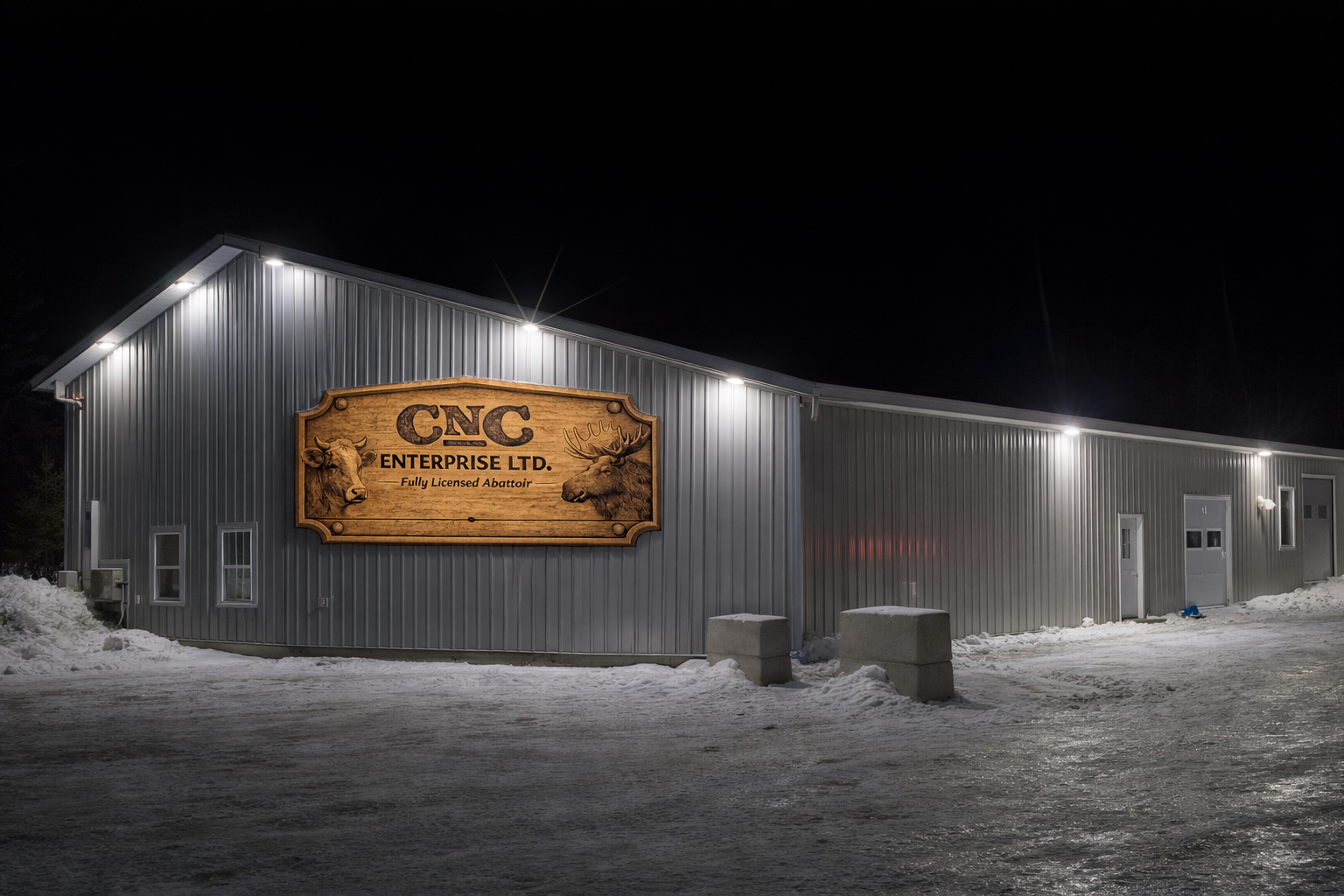 Nighttime view of a metal building with a wooden sign that reads 'CNC Enterprise LTD. Fully Licensed Abattoir', featuring images of a cow and a moose. Snow on the ground and outdoor lighting illuminating the building.