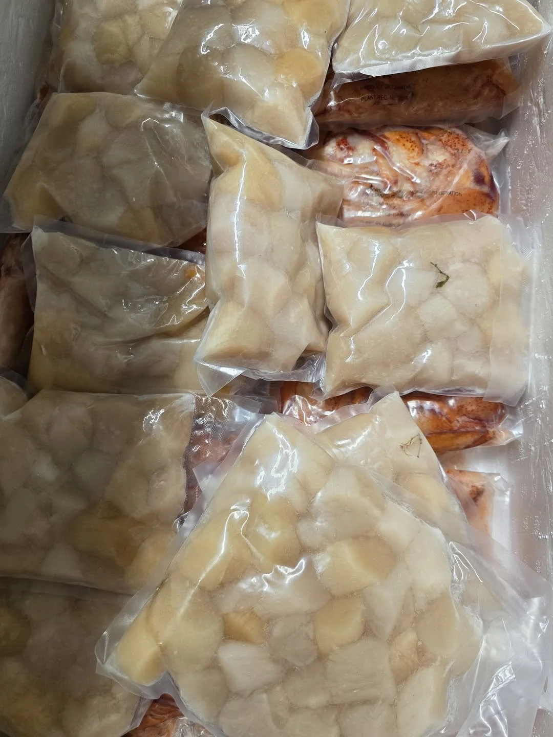 Frozen bags of chopped seafood and shrimp inside a freezer.