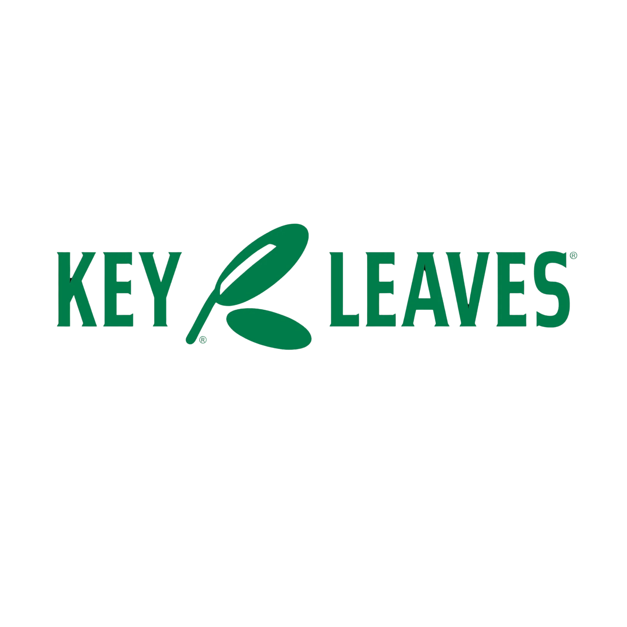 Logo for Key Leaves featuring the brand name in green letters with a stylized green leaf integrated into the word 'Key' against a black background.