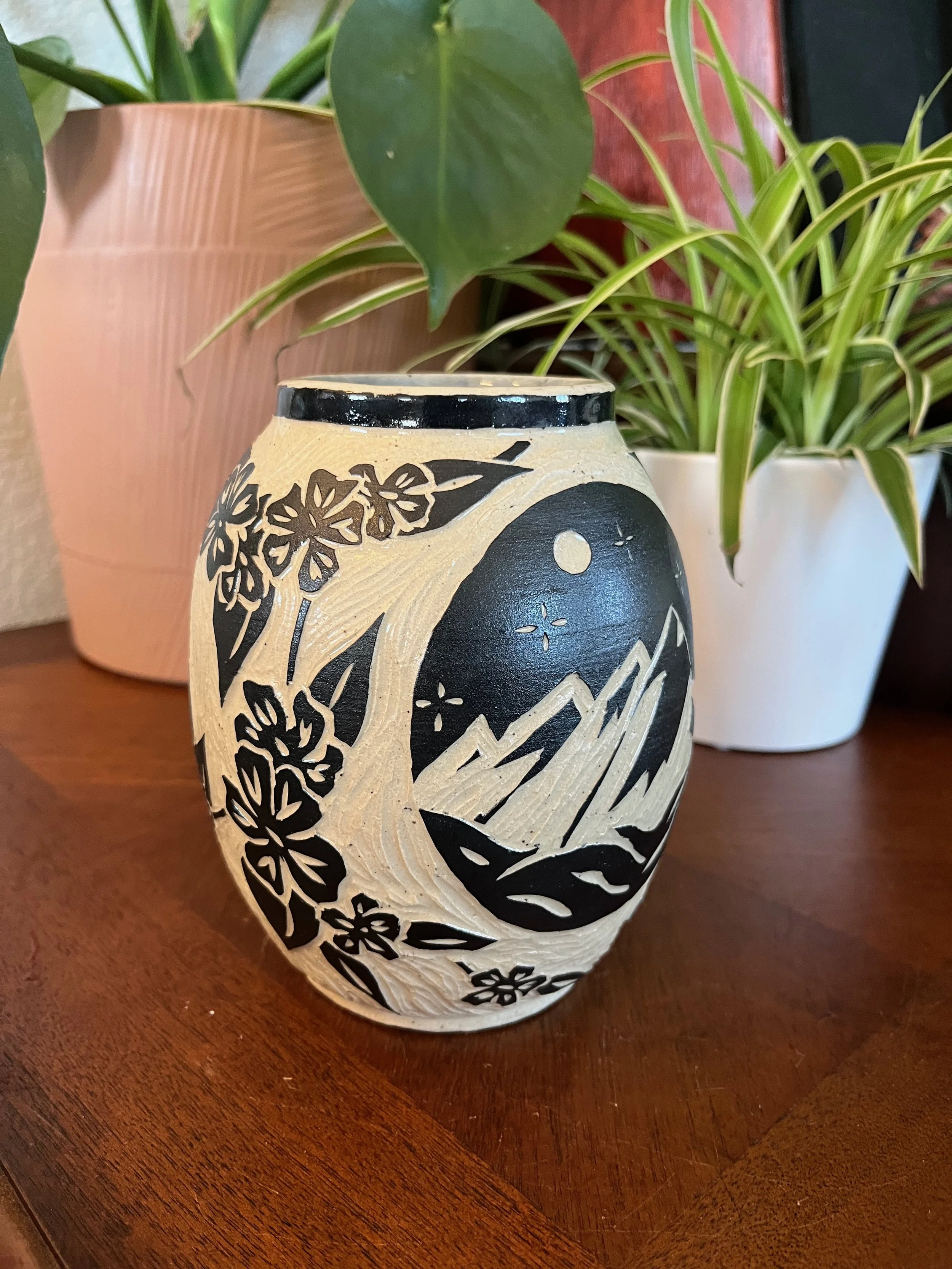 Hand Carved Flatiron Sgraffito Vase