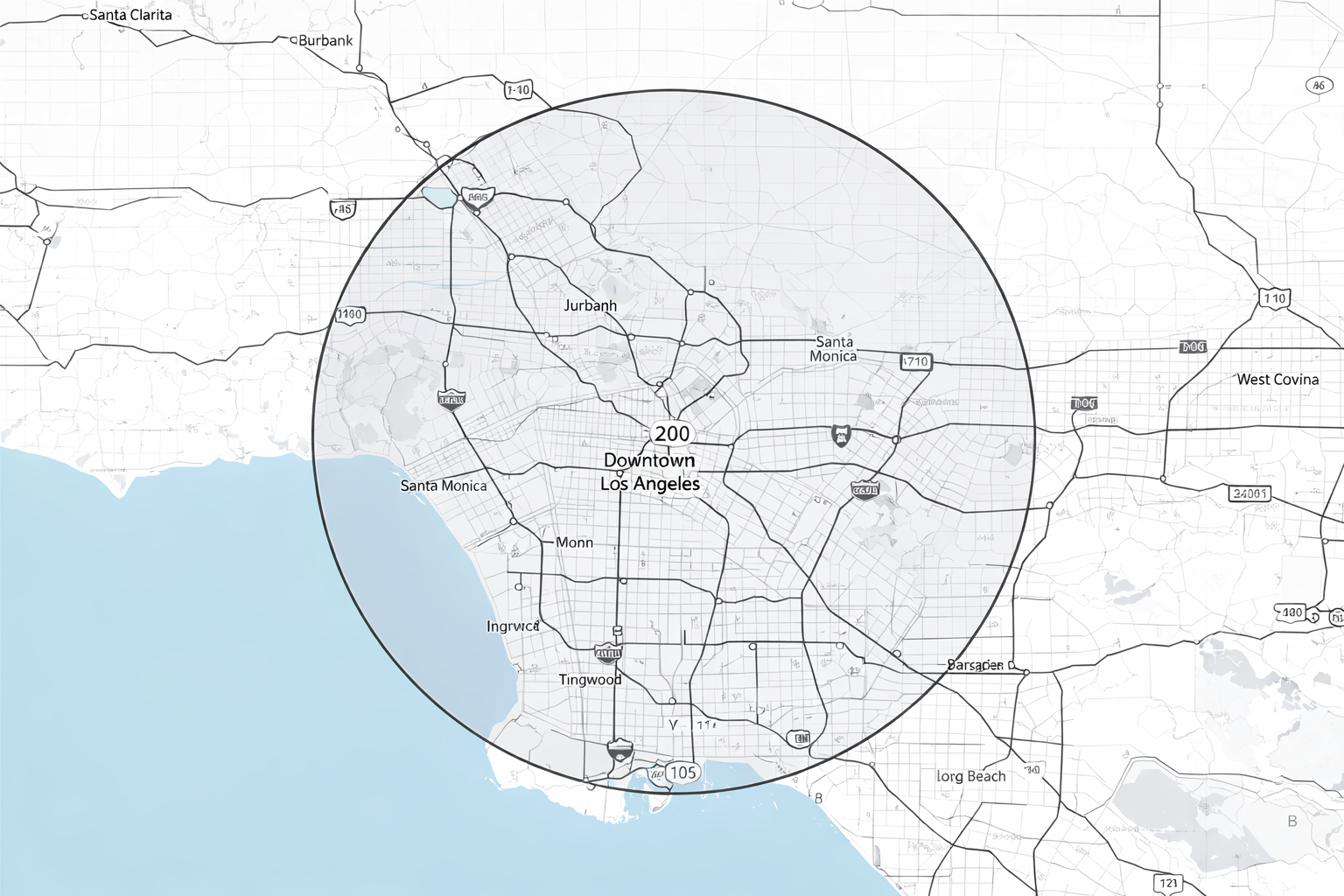 Map of Los Angeles, California, highlighting downtown area, surrounding neighborhoods, and major highways.