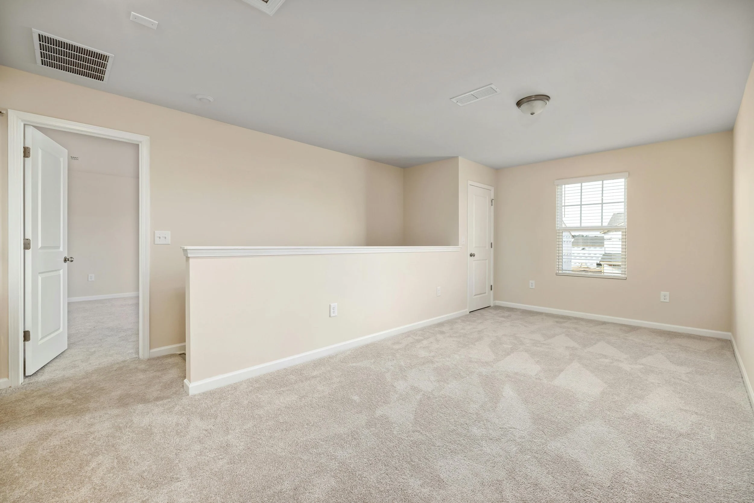 Empty beige-carpeted living room with white walls, a window with blinds, a closet door, and an overhead light fixture.