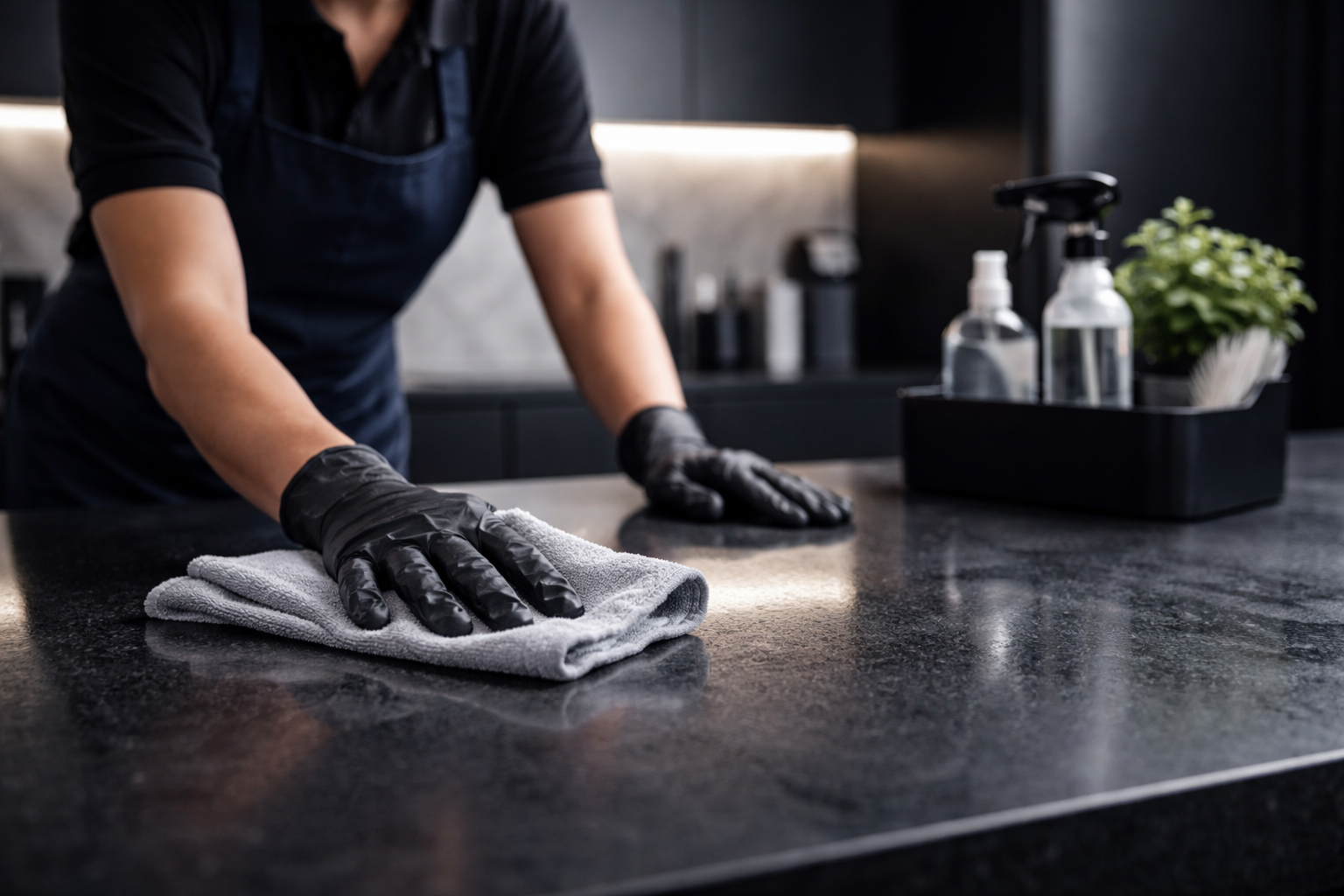 A person cleaning a dark granite countertop with a gray cloth, wearing black gloves, in a modern kitchen. There are cleaning supplies in a black tray on the counter.